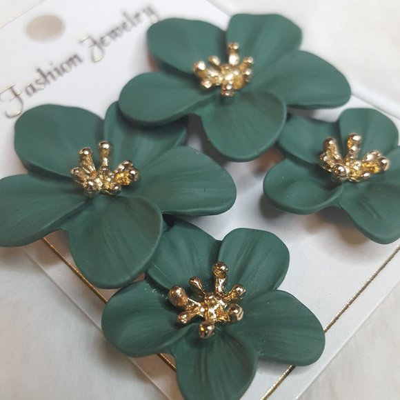 Forest Green Flower Drop Earrings - Picture 3 of 6